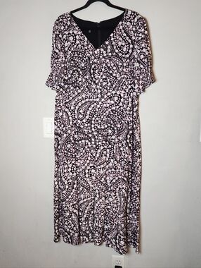Talbots Smocked-Sleeve Midi Dress Pink Black Floral Paisley Size 16W